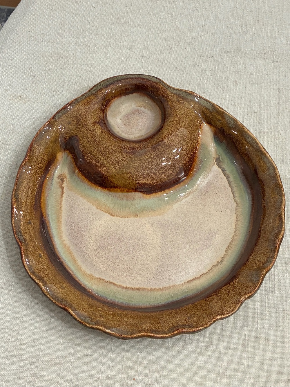 Handmade Ceramic Chip & Dip Serving Plate in Brown and Cream